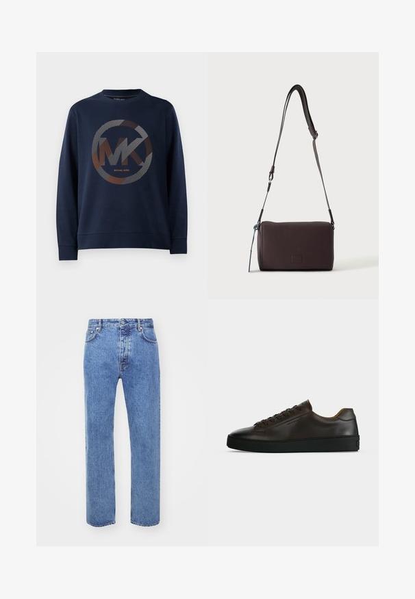 Mørkeblå sweatshirt med et stort cirkulært logo med "MK" i midten. Designet inkluderer stribede mønstre i sølv- og orangetoner.; Won Hundred STEVE - Jeans Relaxed Fit - cut blue; Lavprofil mørkebrune lædersneaker med sort gummisål, snørelukning foran og glat minimalistisk design på lys baggrund.; Mørkebrun textured læder crossbody taske med justerbar rem og lille dekorativ blå accent på siden.