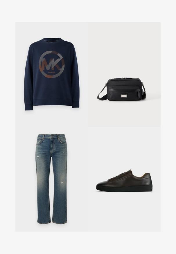 Mørkeblå sweatshirt med et stort cirkulært logo med "MK" i midten. Designet inkluderer stribede mønstre i sølv- og orangetoner.; Denim jeans i medium blå med lige pasform, der har let slid og distressed lapper. Klassisk fem-lomme design og knaplukning i toppen.; Lavprofil mørkebrune lædersneaker med sort gummisål, snørelukning foran og glat minimalistisk design på lys baggrund.; Sort rektangulær crossbody-taske med front lynlåslomme, justerbar rem og sølv rektangulært logo mærke på ensfarvet baggrund.