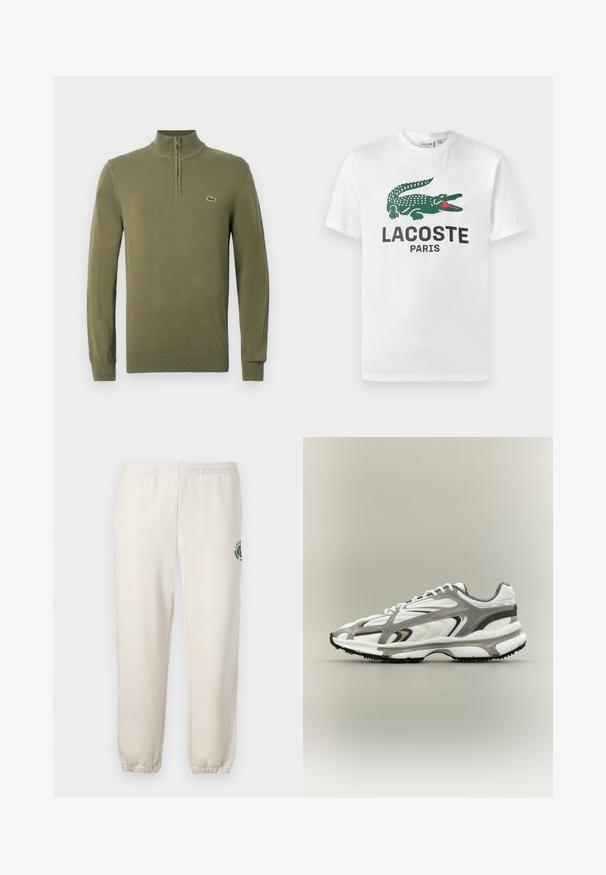 Olivegrøn langærmet sweater med kvart lynlås krave og lille krokodille logo på venstre bryst.; Lacoste T-shirts print - white; Lys beige sweatpants lavet af bomuld, med elastisk talje, ribbede mansjetter og et grønt logo med bladdesign på venstre ben.; Sportssko med en hvid mesh-overdel, grå accenter, sort gummisål og et strømlinet design. Har snørebånd og strukturerede detaljer.