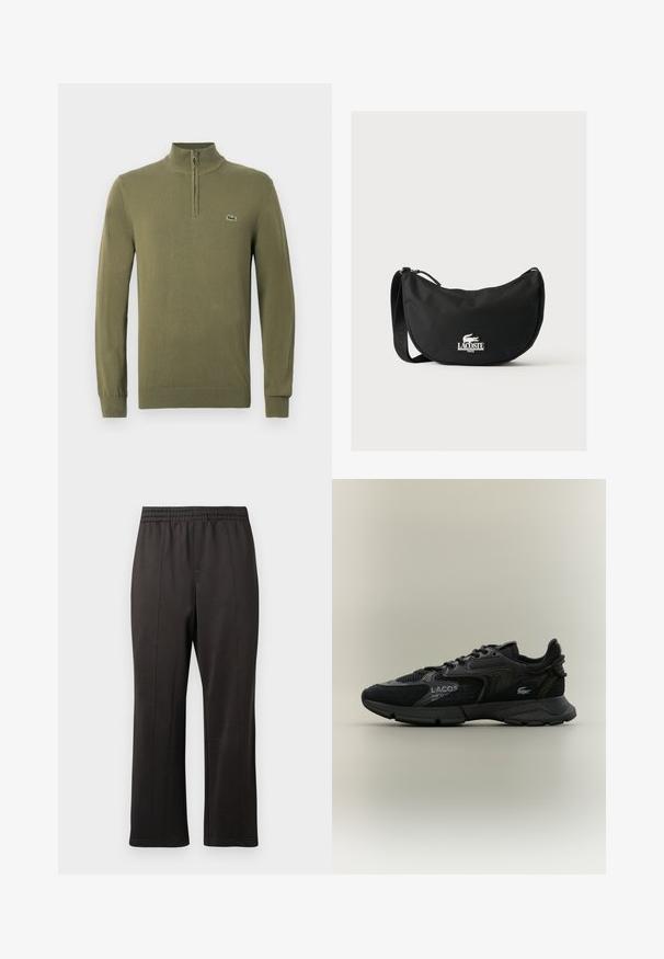 Pull en laine vert olive à manches longues avec un col zippé quart et un petit logo crocodile sur la poitrine gauche.; Pantalons noirs avec taille élastique, au design droit. Fabriqués en tissu lisse avec des détails de couture subtils sur le devant.; Sneaker Lacoste noir avec des panneaux en mesh et en daim, semelle noire, lacets, logo et texte coordonné sur le côté sur fond beige uni.; Sac à épaule noir Lacoste avec forme incurvée, bandoulière réglable et logo crocodile blanc embossé au-dessus du nom de la marque à l'avant.