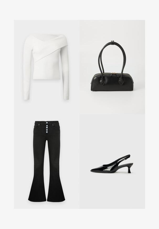 Haut blanc à manches longues côtelées avec un design épaules dénudées et un drapé diagonal sur la poitrine, créant une silhouette structurée.; Jean évasé noir taille haute, braguette à cinq boutons, texture en denim doux et détails de coutures discrètes sur les poches et les coutures.; Escarpins en cuir verni noir avec un bout pointu et un petit talon carré. Sangle réglable à la cheville avec boucle.; Sac à main en cuir noir avec deux anses allongées, fermeture éclair et forme arrondie ; texture lisse avec une finition légèrement brillante.