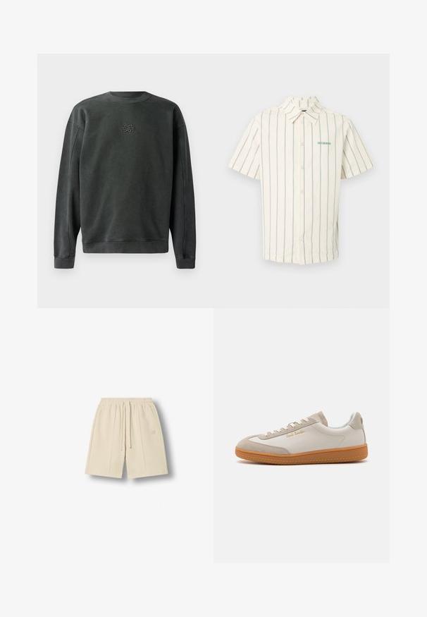 Mørkegrå sweatshirt med rund hals, ribbede manchetter og kant. Har et lille broderet design i midten. Blødt, struktureret stof.; Hvid kortærmet skjorte med knapper og tynde lodrette sorte striber samt lille grøn tekst på øverste venstre bryst.; Beige knælange shorts med elastik i taljen, justerbar snøre, forlommer og diskret broderet logo på venstre ben.; Hvide og beige lavtoppede sneakers med gummisål, hvide snørebånd, detaljer i ruskind og guld "Paul Smith" logo på siden.