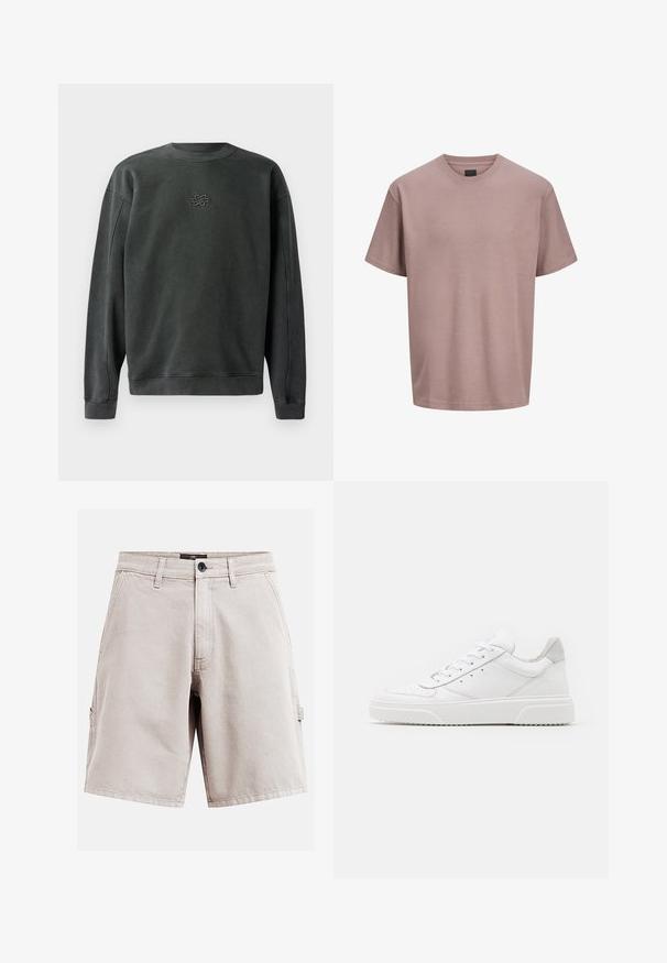 Mørkegrå sweatshirt med rund hals, ribbede manchetter og kant. Har et lille broderet design i midten. Blødt, struktureret stof.; Kortærmet, lys lavendelfarvet T-shirt med rund hals og et lille diskret logo på venstre bryst, vist på en ensfarvet hvid baggrund.; Beige afslappede shorts til knælængde med bæltestropper, sidelommer og forlommer samt knaplukning i taljen.; Hvide lædersneakers med en glat finish, rund tå, flade snørebånd og en struktureret sål. Grå ruskindsdetalje ved hælen.