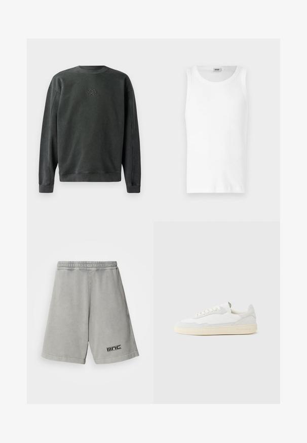 Dunkelgrauer Sweatshirt mit Rundhalsausschnitt, gerippten Bündchen und Saum. Besitzt ein kleines gesticktes Design in der Mitte. Weicher, strukturierter Stoff.; Weißes Baumwoll-Tanktop ohne Ärmel mit Rundhalsausschnitt und glatter Textur. Einfaches Design, ohne Muster oder Akzente.; Hellgraue Baumwollshorts mit einem elastischen Bund, ausgestattet mit einem schwarzen Logo auf der unteren linken Seite und einer glatten, einfarbigen Textur.; Weißer Sneaker mit strukturiertem Obermaterial aus Wildleder und Leder. Verfügt über eine runde Zehenpartie, Schnürverschluss und eine kontrastierende beige Gummisohle.