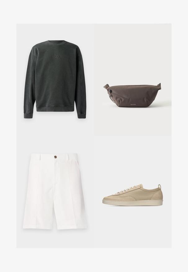 Tumehall sweatshirt, millel on ümmargune kaelus, ribatud pika varruka servad ja alläär. Keskel on väike tikand. Pehme ja tekstuuriga kangas.; Valged Bermuudashortsid, mis on valmistatud kergest kangast ja millel on mugav lõige. Šortsidel on üks pruun nupp ja eesmine Taskud.; Beež madala säärega vabaajajalanõu kangast ja seemisnahast pealisega, valgete paeltega, kummikummist tald ja kontsapaelaga, kujutatud valgel taustal küljelt vaates.; Tumepruun kangast vöökott diagonaalse tõmblukuga tasku ja esi küljel oleva väikese valge logoga, heleda ühevärvilise taustaga.