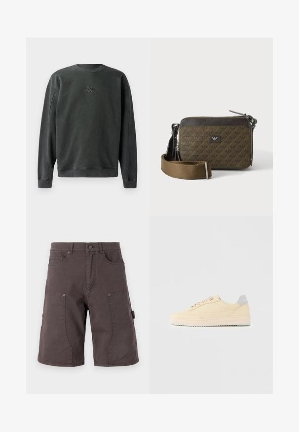 Tumehall sweatshirt, millel on ümmargune kaelus, ribatud pika varruka servad ja alläär. Keskel on väike tikand. Pehme ja tekstuuriga kangas.; Tumedat hallid cargo-lühikesed püksid, mis on valmistatud puuvillast. Neid iseloomustavad ees olevad taskud, küljetaskud, nööbiga kinnitamine ja õmblusdetailid jalgadel.; Madala ülaosaga beež vabaajajalats, ees paeltest kinnitatav, heleroosa tallaga ja halli kandetudetailiga, millel on silt „Filling Pieces“, esitatud külgvaates tavalise tausta ees.; Väike ristkülikukujuline pruun õlakott mustrilise tekstuuriga, esiküljel logoga ploom, tõmblukuga sulguri ja lai reguleeritav rihm.