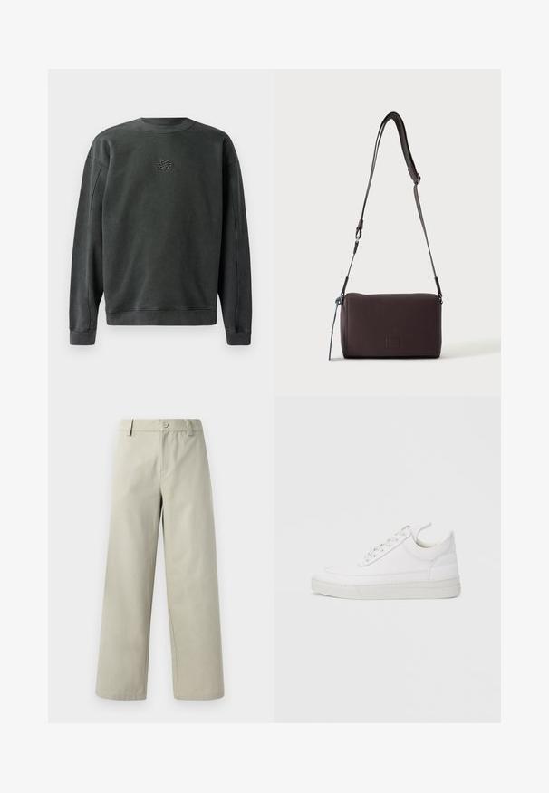 Tumehall sweatshirt, millel on ümmargune kaelus, ribatud pika varruka servad ja alläär. Keskel on väike tikand. Pehme ja tekstuuriga kangas.; Han Kjøbenhavn WIDE LEG - Püksid - light grey; Valge nahast tennisking ümarate varvastega, tasase tallaga ja eespaelaga. Omab õmbluste detaile ning pehmet ääreosa mugavuse tagamiseks.; Tumepruun tekstureeritud nahast üle õla kantav kott, reguleeritava rihmaga ja väikese sinise dekoratiivse aktsendiga küljes.