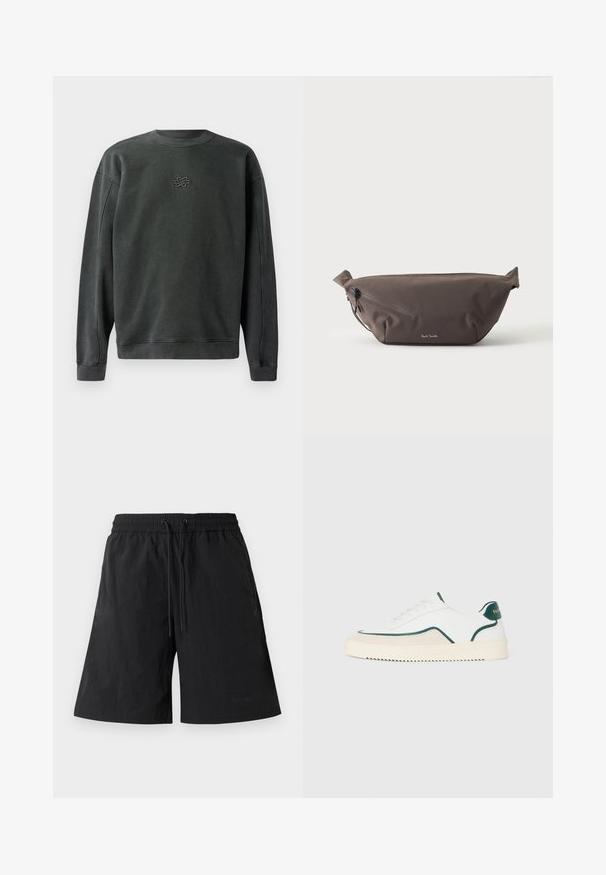 Mørkegrå sweatshirt med rund hals, ribbede manchetter og kant. Har et lille broderet design i midten. Blødt, struktureret stof.; Sorte shorts lavet af letvægtsstof med en tekstureret overflade, udstyret med elastisk talje og snore til justerbar pasform.; Hvide lavtop sneakers med grønne detaljer, beige ruskind og en cremefarvet sål med en rilllet bund.; Mørkebrun stof talje taske med diagonalt lynlåslomme og lille hvidt logo på fronten, sat mod en ensfarvet lys baggrund.