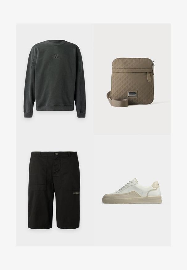 Mørkegrå sweatshirt med rund hals, ribbede manchetter og kant. Har et lille broderet design i midten. Blødt, struktureret stof.; Sorte cargo shorts lavet af bomuld, med knaplukning, to sidelommer og subtil "LES BENJAMINS" brodering på fronten.; Hvid lavtop sneaker med beige ruskind detaljer, snørelukning foran og mærket hælstrop på en ensartet lys baggrund.; Beige crossbody-taske med justerbar rem, front-lynlåslomme og præget geometrisk mønster, med lille metal logo-plade.
