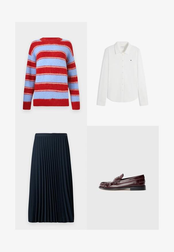 Strikket trøje i rød og lys blå, lavet af blødt, fuzzy materiale. Har brede vandrette striber og en rund halsudskæring.; Hvid langærmet skjorte med knapper og krave med lille Tommy Hilfiger-logo på venstre bryst.; Fryse navy nederdel med en struktureret talje, lavet af et glat stof, med jævnt fordelt lodrette frynser og en længde til midt på læggen.; Burgunderfarvet læder penny loafer med sort sål og guldfarvet metal detalje på vamp, vist i sidevisning på hvid baggrund.