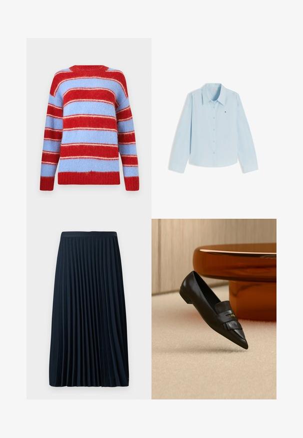 Pull rayé rouge et bleu clair, fabriqué en matériau doux et duveteux. Présente de larges rayures horizontales et un col rond.; Chemise bleu clair à manches longues, boutonnée, avec col et petit logo Tommy Hilfiger sur le côté gauche de la poitrine, sur fond blanc.; Jupe plissée marine avec une taille texturée, en tissu lisse, présentant des plis verticaux régulièrement espacés et un design mi-mollet.; Mocassin en cuir noir à bout pointu avec détail de franges, positionné sur un tapis beige près d'une table ronde en verre orange.