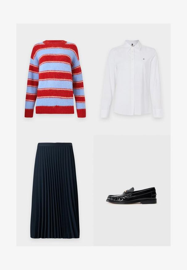 Suéter a rayas en rojo y azul claro, hecho de un material suave y peludo. Presenta anchas rayas horizontales y un cuello redondo.; Camisa blanca de manga larga y botones, hecha de algodón, con un cuello clásico, un logotipo sutil en el pecho y botones amarillos.; Falda plisada azul marino con una cinturilla texturizada, hecha de una tela suave, que presenta pliegues verticales espaciados uniformemente y un diseño de longitud a media pantorrilla.; Mocasines de cuero negro con puntera redondeada, costuras decorativas y un pequeño acento dorado en el empeine. Suela plana de goma, diseño elegante.