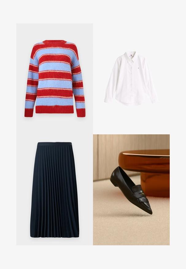 Suéter a rayas en rojo y azul claro, hecho de un material suave y peludo. Presenta anchas rayas horizontales y un cuello redondo.; Camisa blanca de algodón con cuello clásico, mangas largas y dobladillo curvado. Presenta un pequeño logo de color en el pecho.; Falda plisada azul marino con una cinturilla texturizada, hecha de una tela suave, que presenta pliegues verticales espaciados uniformemente y un diseño de longitud a media pantorrilla.; Mocasín de cuero negro con punta puntiaguda y detalle de flecos, colocado sobre una alfombra beige cerca de una mesa redonda de cristal naranja.