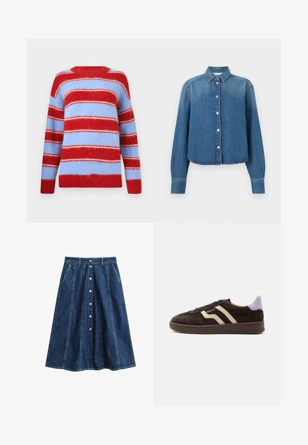 Gestreepte trui in rood en lichtblauw, gemaakt van zacht, fuzzy materiaal. Kenmerkt zich door brede horizontale strepen en een ronde hals.; Blauw denimhemd met een kraag, lange mouwen en een knoopsluiting aan de voorkant. Heeft een cropped zoom en een subtiele textuur.; Donkerblauwe denim A-lijn rok met knoopsluiting aan de voorkant en zijzakken, met verticale stiksels en riemlussen in de taille.; Donkerbruine corduroy sneaker met beige zijstrepen, vetersluiting, paarse hieltab en rubberen zool tegen een witte achtergrond.