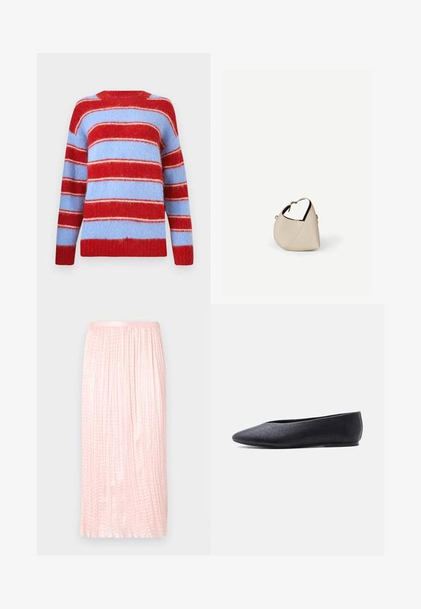 Pull rayé rouge et bleu clair, fabriqué en matériau doux et duveteux. Présente de larges rayures horizontales et un col rond.; Jupe midi plissée en rose doux, avec une texture lisse et une taille élastique. Conçue avec des plis verticaux pour un aspect fluide.; Chaussure de ballet plate noire à bout pointu avec un motif perforé subtil, vue de côté sur fond blanc uni.; Sac à main en cuir beige en forme de croissant avec une seule bandoulière et des coutures minimalistes, posé sur un fond blanc uni.