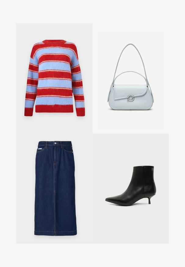 Prúhovaný sveter v červenej a svetlomodrej farbe, vyrobený z mäkkého, chlpatého materiálu. Má široké horizontálne pruhy a okrúhly výstrih.; Džínová sukňa v tmavomodrej farbe so strihom do rovna, s oranžovým prešívaním, pásom s pútkami na opasok a prednými vreckami.; Čierna kožená členková šnúrovacia obuv s ostrou špičkou a nízkym kitten podpätkom na svetlom pozadí, pohľad z vonkajšej strany.; Svetlomodrá kožená kabelka s guľatou klopou, strieborným okrúhlym zapínaním a dvoma ramennými popruhmi na jednoduchom pozadí.