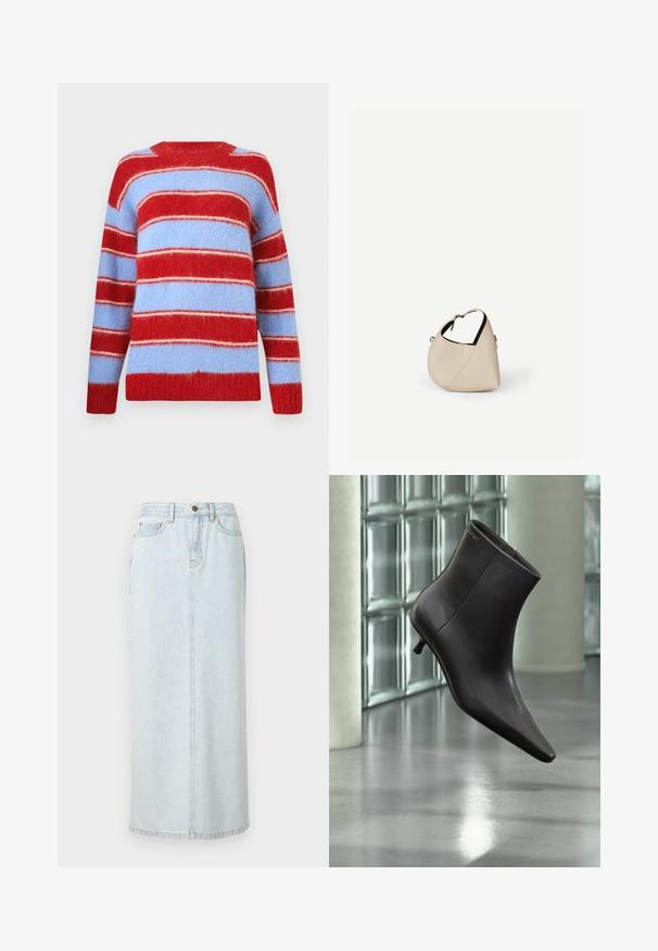 Pull rayé rouge et bleu clair, fabriqué en matériau doux et duveteux. Présente de larges rayures horizontales et un col rond.; Jupe maxi en denim bleu clair avec un design droit, fermeture à boutons sur le devant et couture visible. Elle comporte deux poches avant.; Bottine en cuir noir avec bout pointu et petit talon, présentée devant un mur en blocs de verre et un sol poli.; Sac à main en cuir beige en forme de croissant avec une seule bandoulière et des coutures minimalistes, posé sur un fond blanc uni.