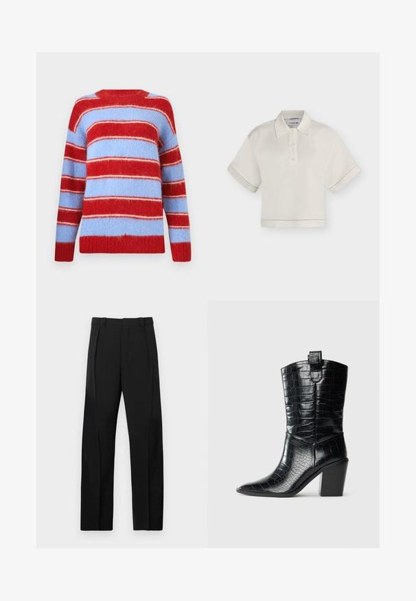 Gestreepte trui in rood en lichtblauw, gemaakt van zacht, fuzzy materiaal. Kenmerkt zich door brede horizontale strepen en een ronde hals.; Wit cropped poloshirt met korte mouwen, drie knopen en een subtiel logo op de linkerborst, getoond tegen een effen achtergrond.; Zwarte broek met een getailleerde pasvorm, voorzien van twee voorplooien, een gladde textuur en een rechte pijp. Geen zichtbare hardware of patronen.; Zwarte westernlaars tot halverwege de kuit met een spitse neus, blokhak en hoogglanzend leer met krokodillenopdruk tegen een witte achtergrond.