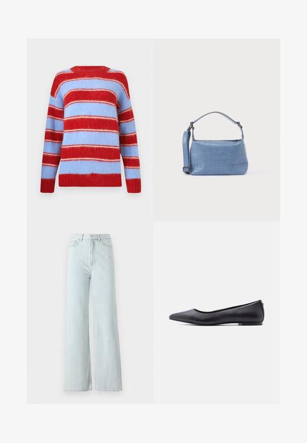 Pull rayé rouge et bleu clair, fabriqué en matériau doux et duveteux. Présente de larges rayures horizontales et un col rond.; Jeans larges bleu clair à taille haute, en tissu denim. Présente une fermeture à bouton et éclair avec des poches avant.; Chaussure plate en cuir noire à bout pointu avec petit talon, vue de profil sur fond blanc.; Sac à main bleu clair embossé façon crocodile avec une poignée courte et une bandoulière amovible. Texture lisse avec une fermeture éclair.