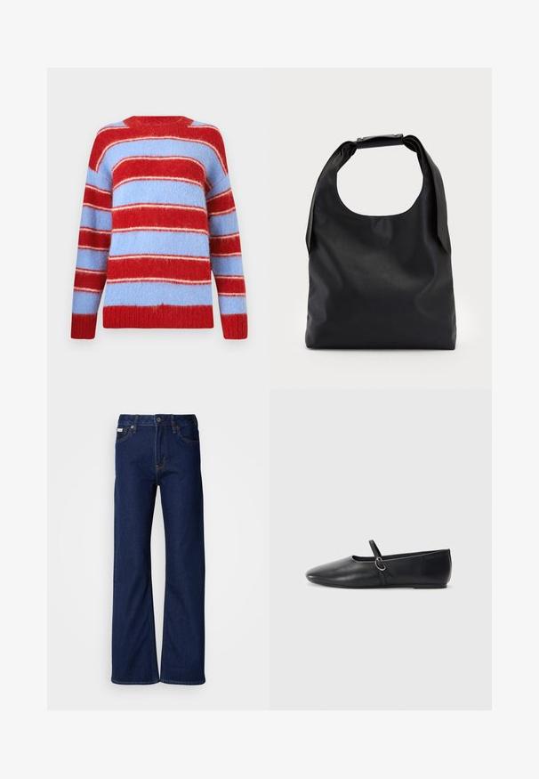 Pull rayé rouge et bleu clair, fabriqué en matériau doux et duveteux. Présente de larges rayures horizontales et un col rond.; Jeans en denim bleu foncé avec un design à jambes larges, une coupe droite, cinq poches et une fermeture éclair à l'avant. Détails de surpiqûres le long des coutures.; Ballerines noires en cuir avec un bout pointu, une semelle plate et une petite sangle avec un détail de boucle en argent.; Sac à main en cuir noir avec une grande ouverture sur le dessus et une seule bandoulière. Texture douce, design minimaliste, avec des accents métalliques discrets.