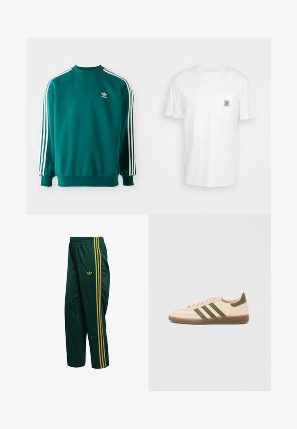 Teal mikina vyrobená z bavlneného zmesi, s dlhými rukávmi, manžetovými lemami a troma bielymi pruhmi na každom rukáve. Logo Adidas na hrudi.; Biele bavlnené tričko s krátkymi rukávmi, vreckom na hrudi a malou štvorcovou nášivkou v oranžovej a bielej farbe na vrecku.; Zelené prúžkované teplákové nohavice z hladkého materiálu, so žltými bočnými pásikmi a malým logom vpredu. Súčasťou je vrecko na zips.; Nízky béžový tenisky Adidas Spezial so zelenými pruhmi, gumovou podrážkou a nápisom „SPEZIAL“ na boku, zobrazené z vonkajšej strany.