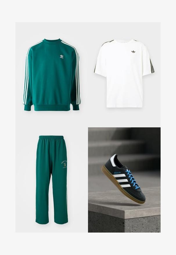 Teal mikina vyrobená z bavlneného zmesi, s dlhými rukávmi, manžetovými lemami a troma bielymi pruhmi na každom rukáve. Logo Adidas na hrudi.; Biela bavlnená tričko s krátkymi rukávmi, s čiernymi trojpruhmi na pleciach a malým čiernym logom na hrudi.; Zelené športové nohavice vyrobené z hladkej tkaniny, s elastickým pásom, potlačou loga na jednej strane a bielymi postrannými pruhmi. Štandardný strih.; Čierna teniska Adidas s bielymi pruhmi, modrými šnúrkami a gumovou podrážkou, ktorá sa vznáša nad sivým betónovým schodom v mäkkom svetle.