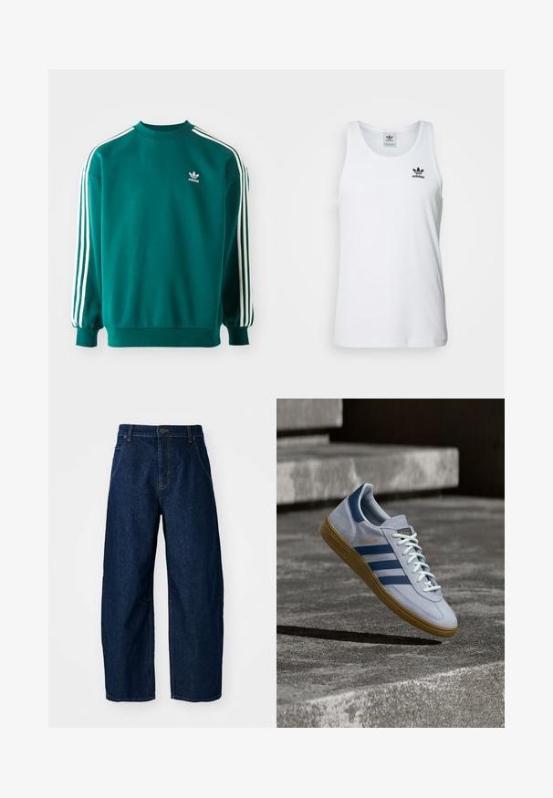 Türkisfarbener Sweatshirt aus Baumwollmischung, mit langen Ärmeln, umgeschlagenen Säumen und drei weißen Streifen entlang jedes Ärmels. Adidas-Logo auf der Brust.; Weißes geripptes Tanktop mit Rundhalsausschnitt, schwarzem Adidas-Logo auf der linken Brust und ohne Ärmel. Weiches Baumwollmaterial, lässige Passform.; Hellebeine Jeans aus dunklem Denim mit hoher Taille, fünf Taschen, vorderem Knopfverschluss und sichtbaren Nähten.; Hellblauer Adidas Spezial Sneaker mit dunkelblauen Streifen und Gummisohle, in der Luft über Betontreppen in neutralem Außenbereich gezeigt.