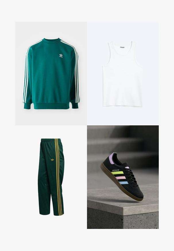 Türkisfarbener Sweatshirt aus Baumwollmischung, mit langen Ärmeln, umgeschlagenen Säumen und drei weißen Streifen entlang jedes Ärmels. Adidas-Logo auf der Brust.; Weißes ärmelloses Tanktop mit rundem Ausschnitt und Weekday-Markenetikett auf der Innenseite des hinteren Kragens, flach auf hellem Hintergrund dargestellt.; Grüne Trainingshose mit Nadelstreifen aus glattem Material, mit gelben Seitenstreifen und einem kleinen Logo vorne. Mit Reißverschlusstasche.; Schwarzer Adidas Spezial Sneaker mit pastellgelben, pinken und blauen Streifen, lavendelfarbenem Fersenlaschen und brauner Sohle, schwebend über einer Betonkante.