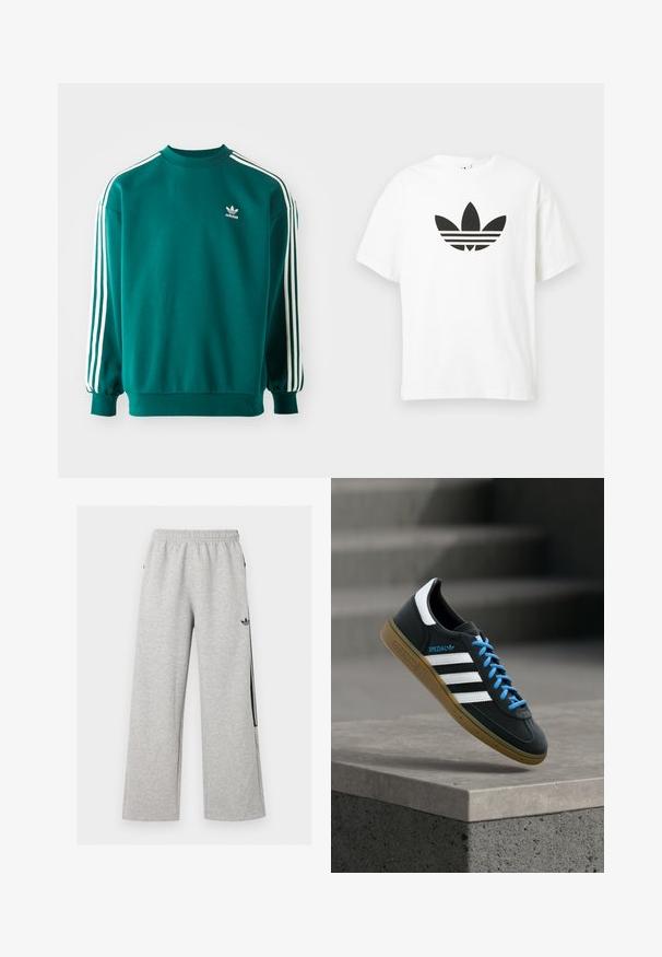Teal sweatshirts lavet af bomuldsblanding, med lange ærmer, ribbede kanter og tre hvide striber ned ad hver ærme. Adidas-logo på brystet.; Hvid bomulds t-shirt med et stort sort Adidas trefoil-logo og tre vandrette striber nedenunder. Korte ærmer, rund halsudskæring.; Lysegrå vidtløftede joggingbukser med elastisk talje og sort Adidas trefoil-logo på højre lår.; Sort Adidas sneaker med hvide striber, blå snørebånd og gummisål, der svæver over gråt betontrin i blødt lys.