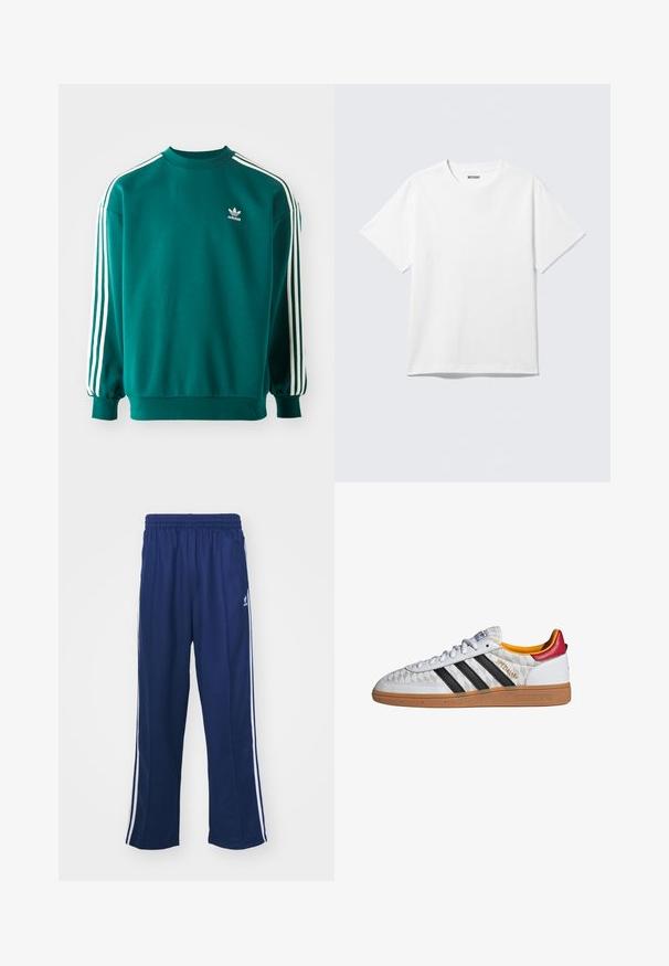 Teal sweatshirts lavet af bomuldsblanding, med lange ærmer, ribbede kanter og tre hvide striber ned ad hver ærme. Adidas-logo på brystet.; Hvid kortærmet crewneck T-shirt lagt fladt ud, ensfarvet design, med "WEEKDAY" mærkat inde i kraven på en lys baggrund.; Marineblå sportbukser med en afslappet pasform, udstyret med hvide sidestativer og elastisk talje. Glat stof, ingen synlige mønstre eller hardware.; Hvid Adidas Spezial sneaker med sorte striber, gummisål, quiltet mønster, rød hælflap og gul inderfor, set fra siden.