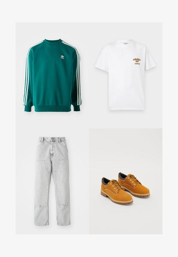 Teal mikina vyrobená z bavlneného zmesi, s dlhými rukávmi, manžetovými lemami a troma bielymi pruhmi na každom rukáve. Logo Adidas na hrudi.; Biele tričko s krátkym rukávom a okrúhlym výstrihom so hnedým nápisom "Carhartt WIP Coffee" na ľavej strane hrude, veľkosť stredná, zobrazené na svetlom pozadí naľahko.; Svetlosivé džínsy s voľným strihom, ktoré majú veľké bočné vrecká, viditeľné švy a rovný strih nohy. Pás s pútkami na opasok.; Hnedé semišové topánky s okrúhlou špičkou, žltými šnúrkami, polstrovaným čiernym golierom a gumovou podrážkou s trakčnými drážkami.
