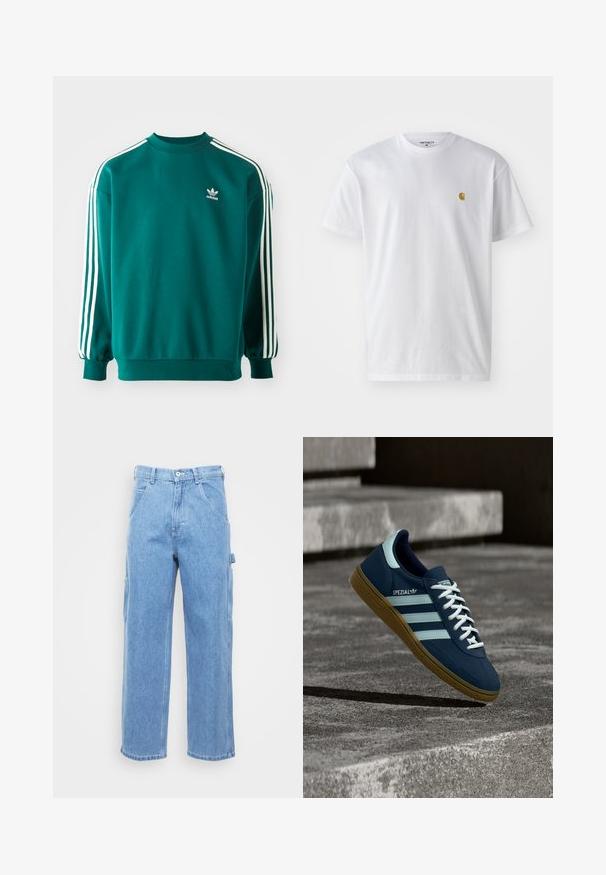 Teal mikina vyrobená z bavlneného zmesi, s dlhými rukávmi, manžetovými lemami a troma bielymi pruhmi na každom rukáve. Logo Adidas na hrudi.; Biele bavlnené tričko s krátkymi rukávmi, okrúhlym výstrihom, s malým zlatým logom na ľavej strane hrude. Mäkká textúra a normálny strih.; Svetlomodré džínsové cargo nohavice s rovnými nohavicami, prednými vreckami a bočnými cargo vreckami. Textúra látky je hladká s jemne vyblednutým povrchom.; Modré tenisky Adidas Spezial s bielymi pruhmi a šnúrkami, gumovou podrážkou, plávajúce nad drsným betónovým povrchom a schodmi v pozadí.