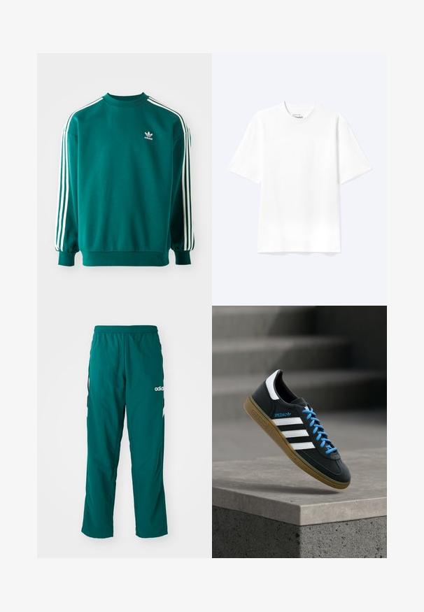 Teal mikina vyrobená z bavlneného zmesi, s dlhými rukávmi, manžetovými lemami a troma bielymi pruhmi na každom rukáve. Logo Adidas na hrudi.; Jednoduché biele tričko s krátkym rukávom a okrúhlym výstrihom v uvoľnenom strihu, zobrazené na svetlom pozadí.; Zelené športové nohavice vyrobené z ľahkej tkaniny, s elastickým pásom, bočnými vreckami a bielym logom Adidas na ľavej strane.; Čierna teniska Adidas s bielymi pruhmi, modrými šnúrkami a gumovou podrážkou, ktorá sa vznáša nad sivým betónovým schodom v mäkkom svetle.