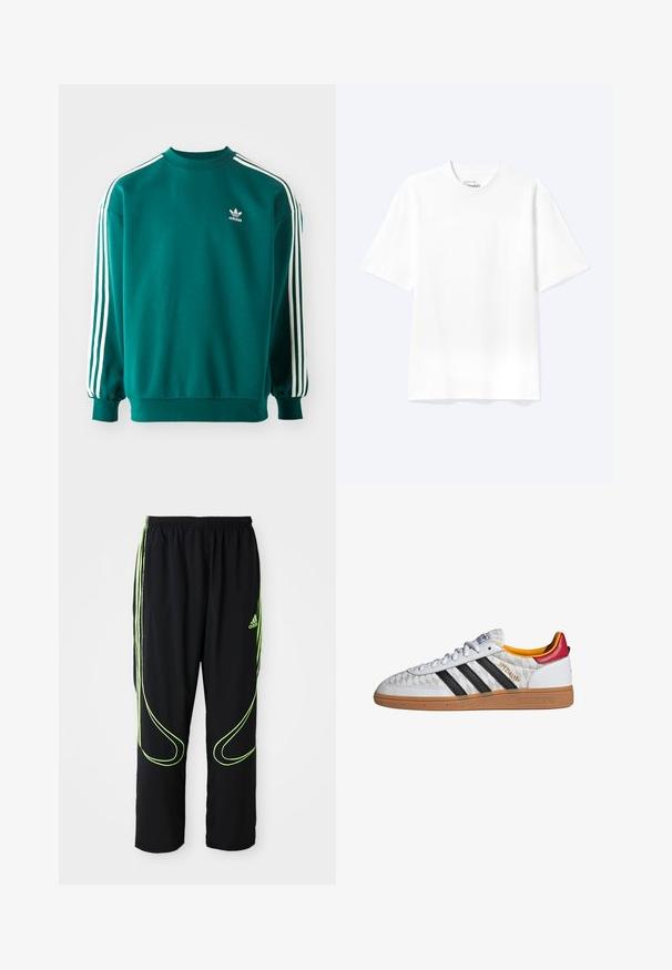 Sudadera verde azulado hecha de una mezcla de algodón, con mangas largas, dobladillos acampanados y tres rayas blancas en cada manga. Logo de Adidas en el pecho.; Camiseta lisa blanca de manga corta y cuello redondo con un corte relajado, mostrada sobre un fondo claro.; Pantalones deportivos Adidas negros con líneas curvas en verde neón y tres franjas en los laterales, cinturilla elástica y logo de Adidas en el muslo delantero.; Zapatilla Adidas Spezial blanca con rayas negras, suela de goma, patrón acolchado, lengüeta roja en el talón y forro interior amarillo, vista lateral.