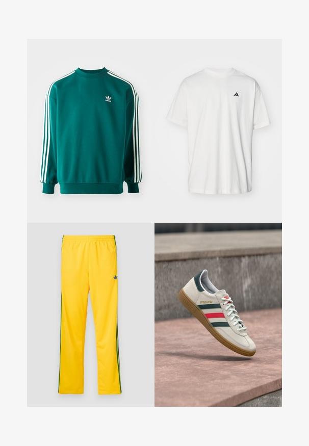 Türkisfarbener Sweatshirt aus Baumwollmischung, mit langen Ärmeln, umgeschlagenen Säumen und drei weißen Streifen entlang jedes Ärmels. Adidas-Logo auf der Brust.; Weißes Baumwoll-T-Shirt mit kurzen Ärmeln, Rundhalsausschnitt und kleinem schwarzem Adidas-Logo auf der linken Brust. Weicher Stoff, lässige Passform.; Gelbe Sporthose mit elastischem Bund, grünen Seitenstreifen und einem kleinen blauen Logo am linken Oberschenkel. Glatte Stoffstruktur.; Weißer Adidas Sneaker mit grünen und roten Streifen, Gummisohle und "SPEZIAL"-Branding, der über einem Steinpflaster schwebt.