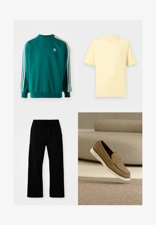 Teal sweatshirt van katoenmix, met lange mouwen, manchetten aan de onderkant en drie witte strepen langs elke mouw. Adidas-logo op de borst.; Zachtgele T-shirt met korte mouwen en ronde hals, met een losse pasvorm, op een effen lichte achtergrond.; Zwarte broek met elastische tailleband en verstelbaar trekkoord, met wijde pijpen en een gladde katoentextuur. Geen zichtbare patronen of hardwaredetails.; Lichtbruine suède loafer met witte zool zweeft boven een beige tapijt, neutraal getint bankstel op de vage achtergrond.