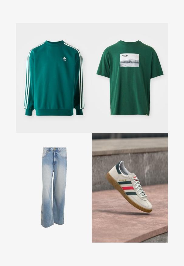 Teal sweatshirti, joka on valmistettu puuvillasekoitteesta, jossa on pitkät hihat, cuffatut reunat ja kolme valkoista raitaa jokaisessa hihassa. Adidas-logo rinnassa.; Vihreä puuvillapaita lyhyillä hihoilla, jossa on neliömäinen graafinen printti mustavalkoisesta valokuvasta ja logosta edessä.; Leveälahkeiset siniset farkut, joissa vaaleat haalistumat. Mukana viisi taskua, napillinen suljenta ja suora siluetti ommelluilla yksityiskohdilla.; Valkoinen Adidas-tennari, jossa vihreät ja punaiset raidat, kumipohja ja "SPEZIAL"-brändäys, kelluu kivipinnan yläpuolella.