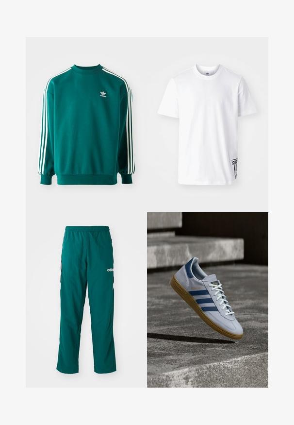 Türkisfarbener Sweatshirt aus Baumwollmischung, mit langen Ärmeln, umgeschlagenen Säumen und drei weißen Streifen entlang jedes Ärmels. Adidas-Logo auf der Brust.; Weißes Baumwoll-T-Shirt mit kurzen Ärmeln, Rundhalsausschnitt und einem schwarzen Adidas-Logo-Patch auf der unteren linken Seite. Glatte Textur.; Grüne Sporthose aus leichtem Material, mit elastischem Bund, seitlichen Taschen und weißem Adidas-Logo auf der linken Seite.; Hellblauer Adidas Spezial Sneaker mit dunkelblauen Streifen und Gummisohle, in der Luft über Betontreppen in neutralem Außenbereich gezeigt.