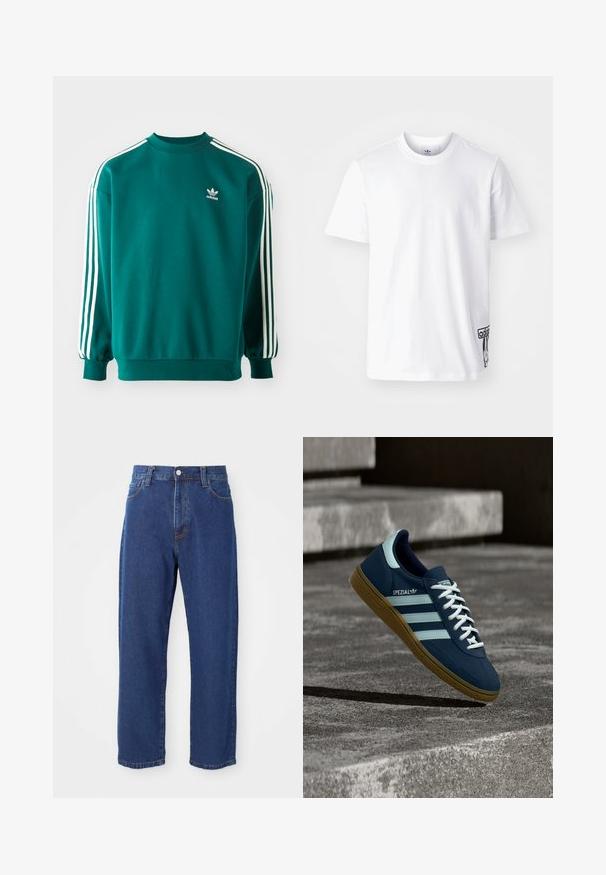 Türkisfarbener Sweatshirt aus Baumwollmischung, mit langen Ärmeln, umgeschlagenen Säumen und drei weißen Streifen entlang jedes Ärmels. Adidas-Logo auf der Brust.; Weißes Baumwoll-T-Shirt mit kurzen Ärmeln, Rundhalsausschnitt und einem schwarzen Adidas-Logo-Patch auf der unteren linken Seite. Glatte Textur.; Hoch taillierte blaue Jeans aus Denim, mit geradem Bein, sichtbaren Nähten und einem Frontknopfverschluss.; Blauer Adidas Spezial Sneaker mit weißen Streifen und Schnürsenkeln, Gummisohle, schwebend über rauer Betonoberfläche und Treppen im Hintergrund.