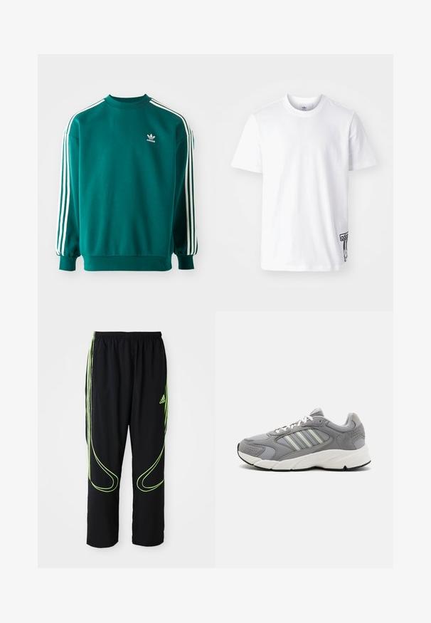 Sudadera verde azulado hecha de una mezcla de algodón, con mangas largas, dobladillos acampanados y tres rayas blancas en cada manga. Logo de Adidas en el pecho.; Camiseta de algodón blanca de manga corta, con cuello redondo y un parche del logo de Adidas en negro en la parte inferior izquierda. Textura suave.; Pantalones deportivos Adidas negros con líneas curvas en verde neón y tres franjas en los laterales, cinturilla elástica y logo de Adidas en el muslo delantero.; Zapatilla deportiva gris con materiales de malla y ante, que presenta cordones blancos, un collar acolchado y una entresuela blanca volumétrica con acentos texturizados.