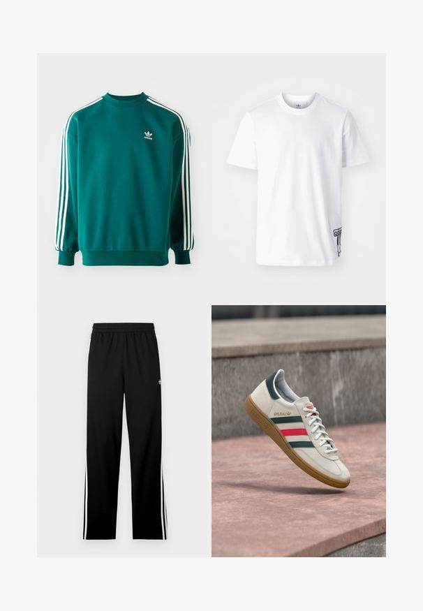 Sudadera verde azulado hecha de una mezcla de algodón, con mangas largas, dobladillos acampanados y tres rayas blancas en cada manga. Logo de Adidas en el pecho.; Camiseta de algodón blanca de manga corta, con cuello redondo y un parche del logo de Adidas en negro en la parte inferior izquierda. Textura suave.; Pantalones deportivos negros de tela de malla, con un diseño de corte recto, cinturilla elástica y rayas laterales blancas. Se muestra un logo deportivo.; Zapatilla blanca Adidas con franjas verdes y rojas, suela de goma y marca "SPEZIAL" flotando sobre pavimento de piedra.