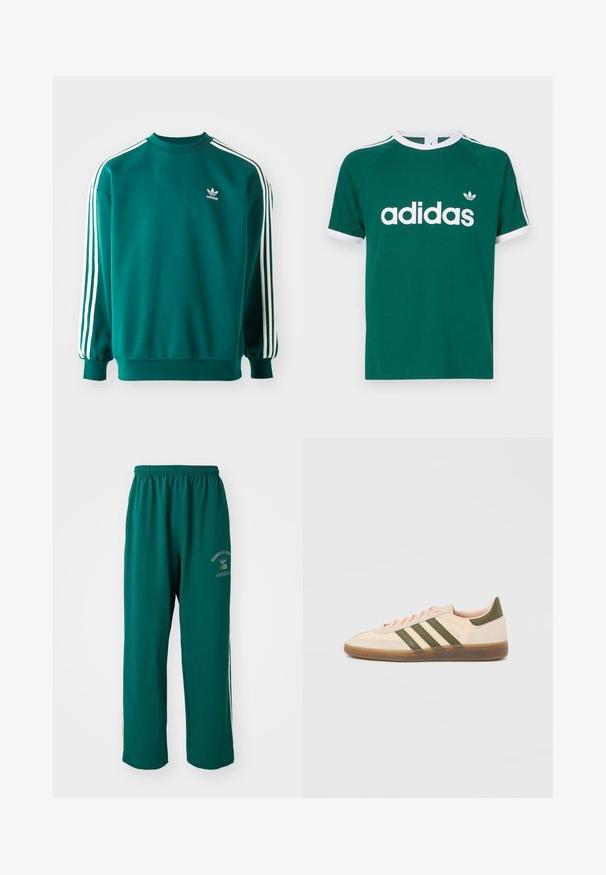 Teal mikina vyrobená z bavlneného zmesi, s dlhými rukávmi, manžetovými lemami a troma bielymi pruhmi na každom rukáve. Logo Adidas na hrudi.; Zelené bavlnené tričko s bielymi akcentmi, s veľkým logom "adidas", raglánovými rukávmi a kontrastným lemovaním na golieri a rukávoch.; Zelené športové nohavice vyrobené z hladkej tkaniny, s elastickým pásom, potlačou loga na jednej strane a bielymi postrannými pruhmi. Štandardný strih.; Nízky béžový tenisky Adidas Spezial so zelenými pruhmi, gumovou podrážkou a nápisom „SPEZIAL“ na boku, zobrazené z vonkajšej strany.