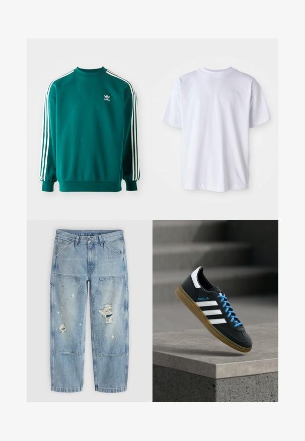 Türkisfarbener Sweatshirt aus Baumwollmischung, mit langen Ärmeln, umgeschlagenen Säumen und drei weißen Streifen entlang jedes Ärmels. Adidas-Logo auf der Brust.; Weißes Baumwoll-T-Shirt mit Rundhalsausschnitt und kurzen Ärmeln. Verfügt über ein dezentes Logo, das in passender Farbe auf der linken Brust gestickt ist.; Hellblaue Denim-Jeans mit Farbspritzern, großen aufgesetzten Fronttaschen und ausgewaschenen Löchern an beiden Beinen, flach auf einem hellen Hintergrund liegend dargestellt.; Schwarzer Adidas-Sneaker mit weißen Streifen, blauen Schnürsenkeln und Gummisohle, der über einer grauen Betontreppe im weichen Licht schwebt.