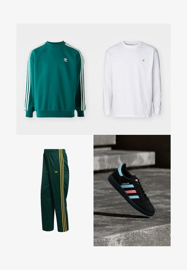 Teal mikina vyrobená z bavlneného zmesi, s dlhými rukávmi, manžetovými lemami a troma bielymi pruhmi na každom rukáve. Logo Adidas na hrudi.; Biely tričko s dlhým rukávom z bavlny. Na hrudi má malé zlaté logo a okrúhly výstrih. Jednoduchý dizajn a štandardný strih.; Zelené prúžkované teplákové nohavice z hladkého materiálu, so žltými bočnými pásikmi a malým logom vpredu. Súčasťou je vrecko na zips.; Čierna teniska Adidas Spezial s modrými a ružovými pruhmi, vznáša sa nad textúrovaným sivým betónovým povrchom so tieňom pod ňou.