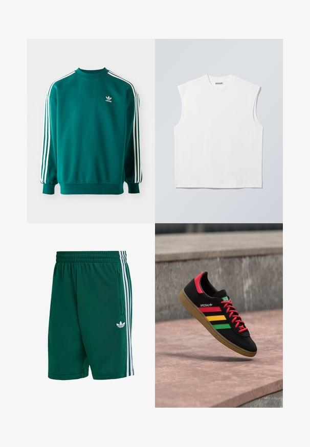 Teal mikina vyrobená z bavlneného zmesi, s dlhými rukávmi, manžetovými lemami a troma bielymi pruhmi na každom rukáve. Logo Adidas na hrudi.; Biely bezrukávnik z bavlny s okrúhlym výstrihom a štruktúrovanými ramenami, na štítku na golieri označený značkou "WEEKDAY", zobrazený na svetlosivom pozadí.; Zelené športové šortky z mäkkej tkaniny, so elastickým pásom, bočným vreckom so zipsom a tromi bielymi pruhmi po stranách.; Čierna teniska Adidas Spezial s červenými, žltými a zelenými pruhmi, červenými šnúrkami, gumovou podrážkou a červeným detailom na päte, zobrazená ako vznášajúca sa nad chodníkom.