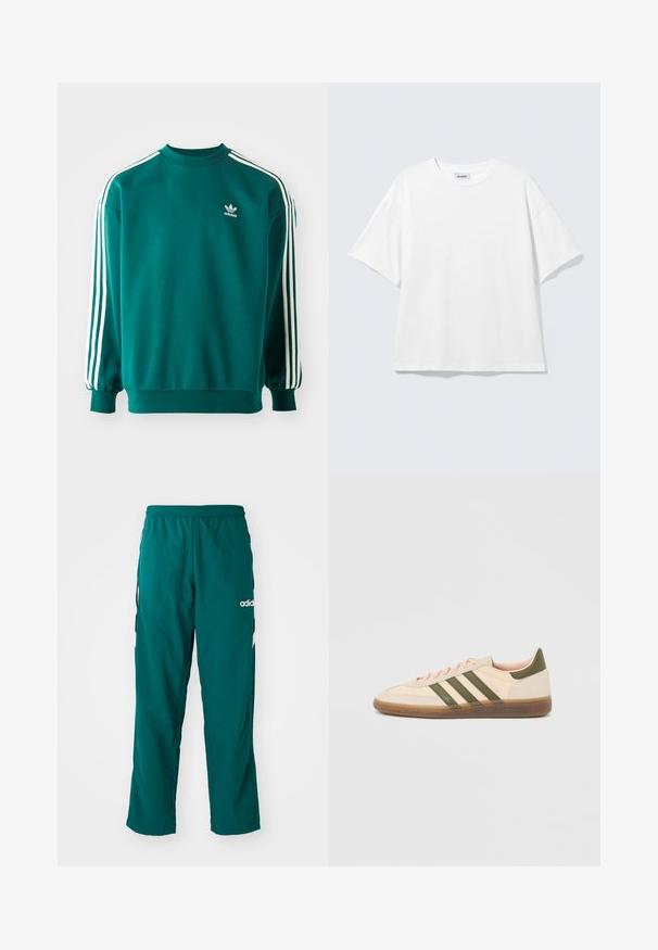 Teal mikina vyrobená z bavlneného zmesi, s dlhými rukávmi, manžetovými lemami a troma bielymi pruhmi na každom rukáve. Logo Adidas na hrudi.; Biele oversize tričko s krátkym rukávom a okrúhlym výstrihom s padnutými ramenami, položené na svetlošedom pozadí.; Zelené športové nohavice vyrobené z ľahkej tkaniny, s elastickým pásom, bočnými vreckami a bielym logom Adidas na ľavej strane.; Nízky béžový tenisky Adidas Spezial so zelenými pruhmi, gumovou podrážkou a nápisom „SPEZIAL“ na boku, zobrazené z vonkajšej strany.