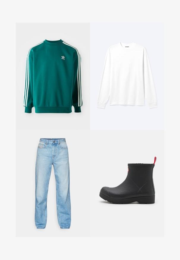Teal mikina vyrobená z bavlneného zmesi, s dlhými rukávmi, manžetovými lemami a troma bielymi pruhmi na každom rukáve. Logo Adidas na hrudi.; Jednofarebná biela košeľa s dlhým rukávom, okrúhlym výstrihom a rebrovanými manžetami, zobrazená na neutrálnom svetlom pozadí.; Svetlomodré džínsy vyrobené z denimu, so štandardným strihom, piatimi vreckami a viditeľným zapínaním na gombík s kontrastným prešívaním.; Čierne gumové členkové čižmy s hladkým povrchom, okrúhlou špičkou a červeným poutkom vzadu. Majú nízku, pevnú podrážku pre zvýšenú odolnosť.