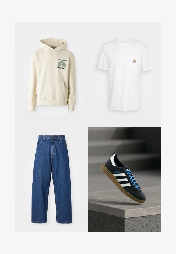 Béžová bavlnená mikina s klokaním vreckom. Zelený textový logotyp "Ellesse 1959" a zakrivená grafika na ľavej hrudi. Mäkkučký materiál, klasický strih.; Biele bavlnené tričko s krátkymi rukávmi, vreckom na hrudi a malou štvorcovou nášivkou v oranžovej a bielej farbe na vrecku.; Džínsy s širokými nohavicami v tmavomodrej farbe. Majú vysoký pás, vypchávky na opasok a klasický dizajn s piatimi vreckami. Šitý lem s čistým zakončením.; Čierna teniska Adidas s bielymi pruhmi, modrými šnúrkami a gumovou podrážkou, ktorá sa vznáša nad sivým betónovým schodom v mäkkom svetle.
