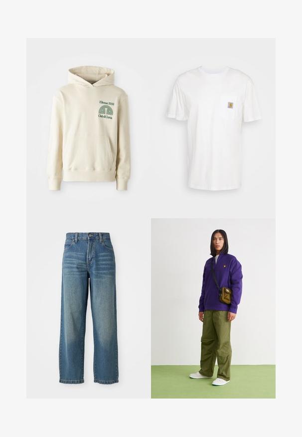 Sudadera de algodón beige con bolsillo tipo canguro. Logotipo en texto verde "Ellesse 1959" y gráfico curvado en la parte izquierda del pecho. Textura suave, corte regular.; Camiseta de algodón blanca con mangas cortas, un bolsillo en el pecho y un pequeño parche cuadrado de logo en naranja y blanco en el bolsillo.; Jeans de mezclilla ancha de color azul claro con una cintura alta, cinco bolsillos y un acabado ligeramente desgastado. Cuenta con un cierre de botón y cremallera.; Jordan AIR JORDAN 1 ZM CMFT 2 - Zapatillas altas - summit white/bicoastal/oxidized green