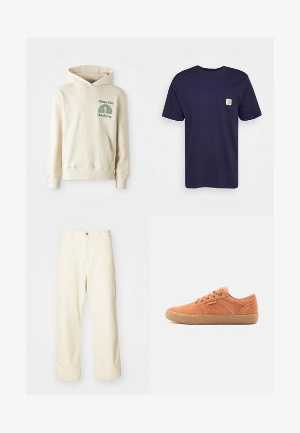 Sudadera de algodón beige con bolsillo tipo canguro. Logotipo en texto verde "Ellesse 1959" y gráfico curvado en la parte izquierda del pecho. Textura suave, corte regular.; Camiseta de algodón azul marino con mangas cortas, cuello redondo y bolsillo en el pecho izquierdo que presenta un logo de Carhartt bordado en amarillo y blanco.; Pantalones de pierna ancha color crema hechos de algodón, con cierre de botón, presillas para cinturón y dobladillo cosido. Textura suave, sin patrones visibles.; Zapatillas de gamuza marrón con una superficie texturizada, punta redonda y suela de goma. Presentan un diseño con cordones y acentos cosidos en los laterales.